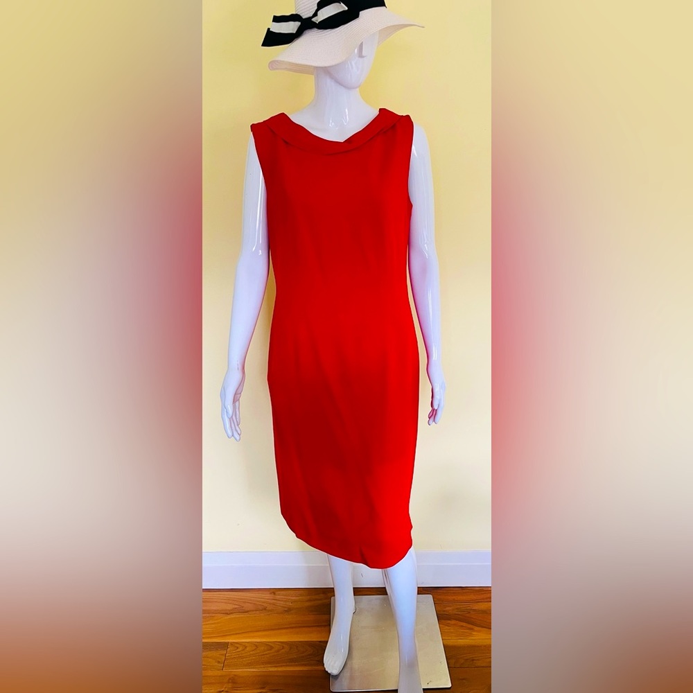 Evenement bright Red sleeveless Italian dress just at knee wide roll neck collar